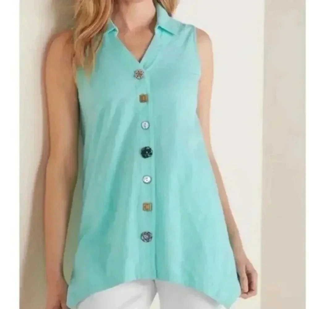 Soft Surroundings Danielle Turquoise Sleeveless Mismatch Button Tank Top Large